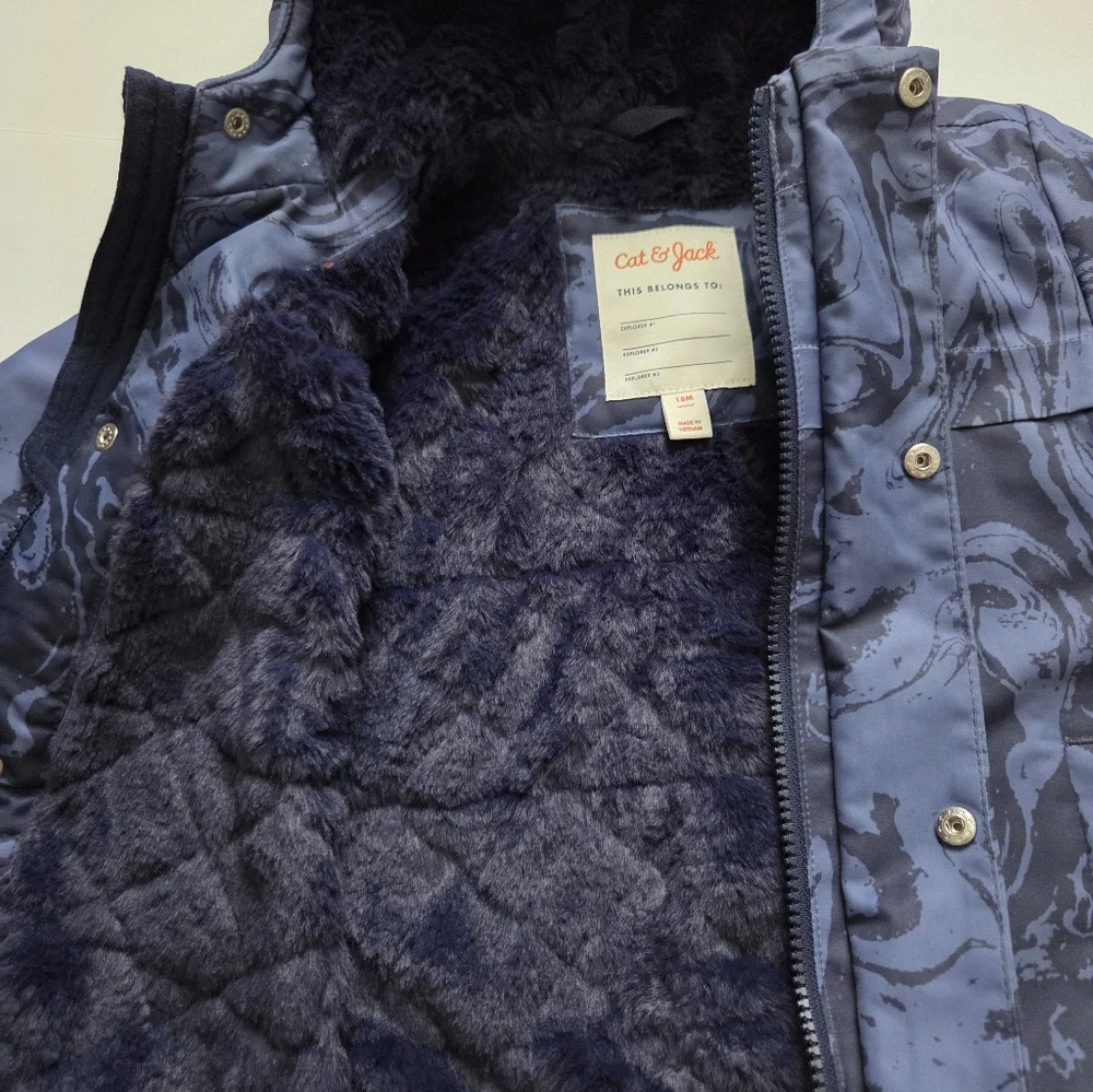 ​Cat & Jack Toddler Boy Blue Marble Winter Puffer Jacket Hooded Fleece Lined 18M